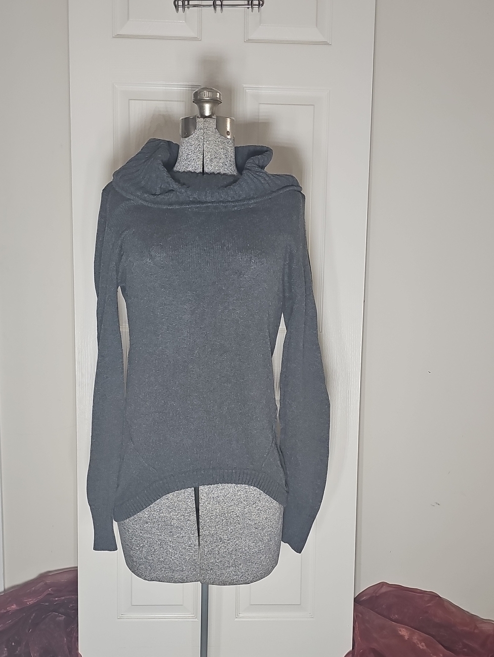 LA made 100% Cotton Cowl Neck Tunic Sweater Charcoal Gray High Low Size Large L